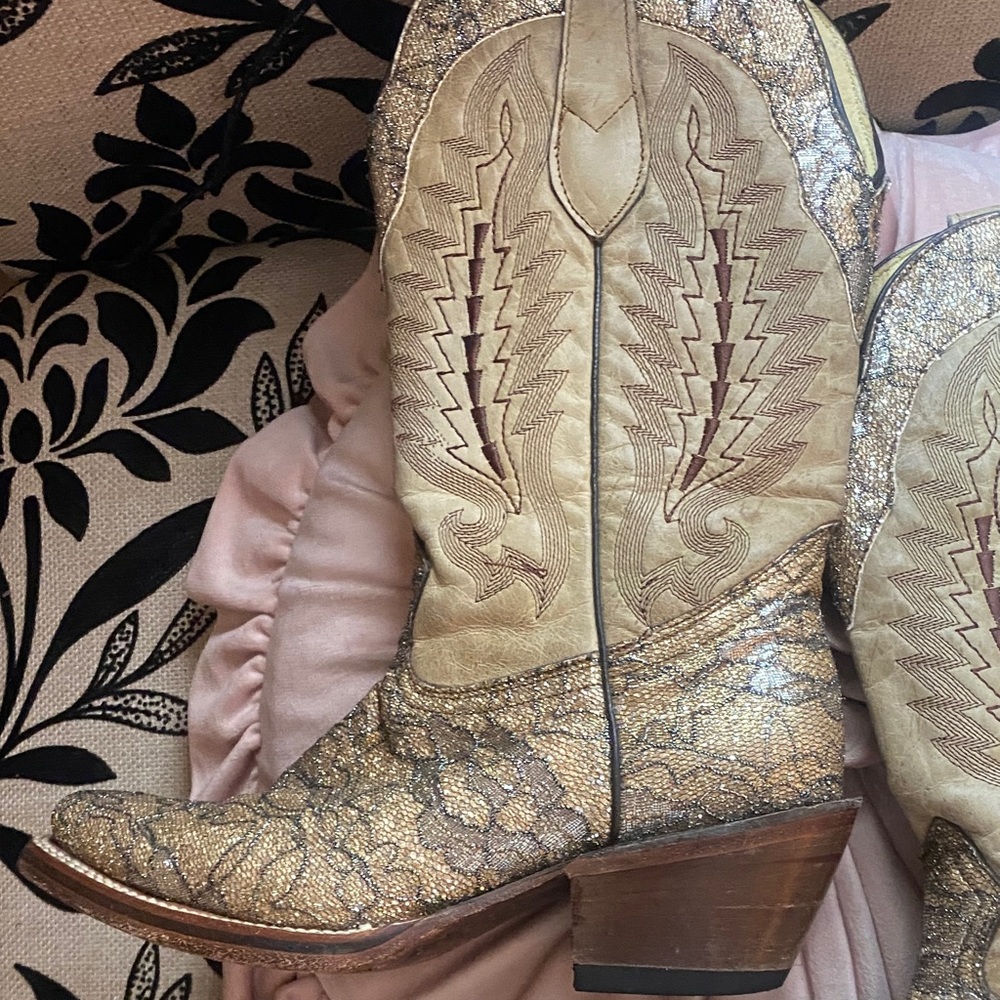 🎀 Gorgeous Glitter | Lace Cowboy Boots | Leather Size 6.5 EUC Embroidered
